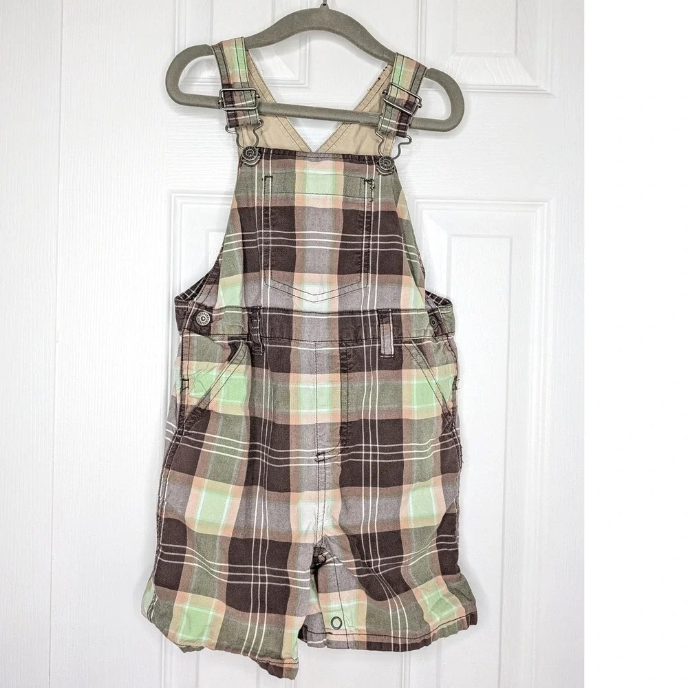 Gymboree Boys Brown Green Plaid Cotton Shortall Overalls 3T RN70530
